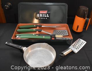 Coleman Grill Tools - Hoffitz Turner - Wagner Ware Skillet - Cooky Travelling Kettle [Entry Way]